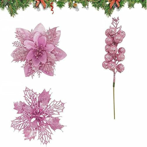 21 piezas de flores artificiales, ramo de bayas, decoración navideña, jarrón, decoración para el hogar, guirnalda de flores falsas, accesorio de adorno - traje rosa