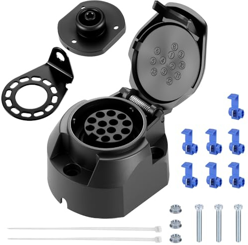 Starvortex Spina di Rimorchio 13 Poli, Adattatore Spina Rimorchio Impermeabile da 12 V con Staffa di Montaggio e Kit Guarnizioni in Gomma, per Camion, Barche, Auto e Roulotte, Norma ISO11446, Nero