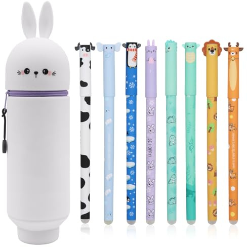 VEGCOO 2-in-1 Weiche Silikontasche - Tischstifthalter + 8 Stück Farbige Radierbarer Kugelschreiber Set, Radierbare Gelstifte, Wischfester Kugelschreiber, Für Schulen,Büros Und Privathaushalte