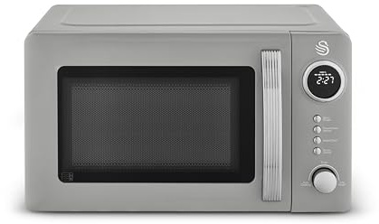 Swan Micro-onde numérique rétro 20L, 5 niveaux de puissance, 12 préréglages de cuisson automatique, décongélation par poids ou temps, affichage LED, 800 W, gris, SM4425GRY