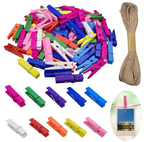 100 PCS Mini Wooden Pegs with 10M Jute String for Hanging Photos 3.5cm/1.37 in Colorful Mixed Craft Pegs for Photo Display Postcards Used for All Types of Party Decorations