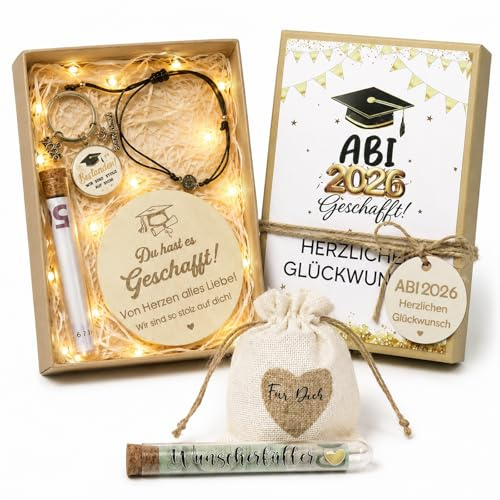 Abitur 2026 Geschenke, ABI 2026 Deko, Inklusive Geschenkbox ABI Geschafft Grußkarte Wunscherfüller Reagenzglas Glücksbringer Schlüsselanhänger,Bestandene Prüfung Geschenk Geldgeschenk für Abiturienten