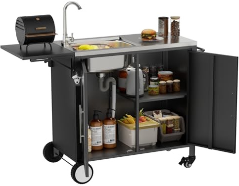 Hmluxury Carrito de barbacoa enrollable con fregadero y encimera plegable, isla de cocina con armario de almacenamiento de acero inoxidable 304 para jardín, terraza y césped