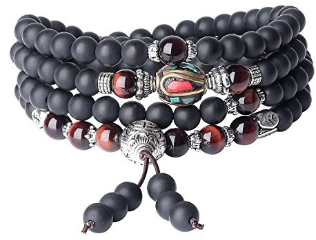 COAI Geschenkideen Gebetsarmband aus 108 Geschliffenem Onyx und Rotem Tigerauge mit Nepalesischer Perlen Tibetisches Wickelarmband Halskette für Damen und Herren