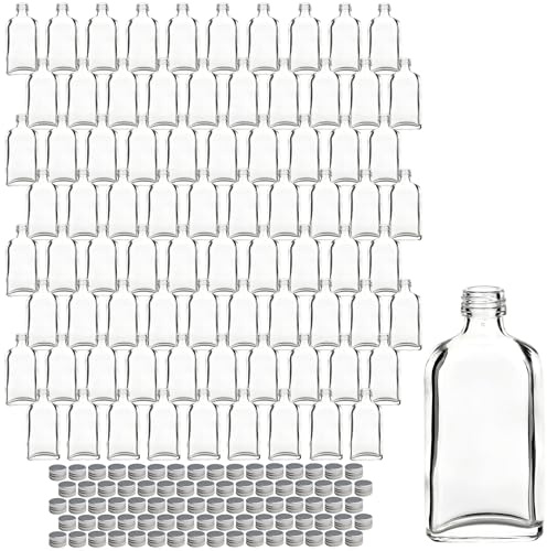gouveo 80er Set Mini-Glasflaschen 50 ml (0,05 l) Glasflasche 50 ml Dana mit Schraubverschluss PP 18 silberfarben, flache Flachmannform zum Befüllen für Likör, Schnaps, Essig & Deko (MFD050S)
