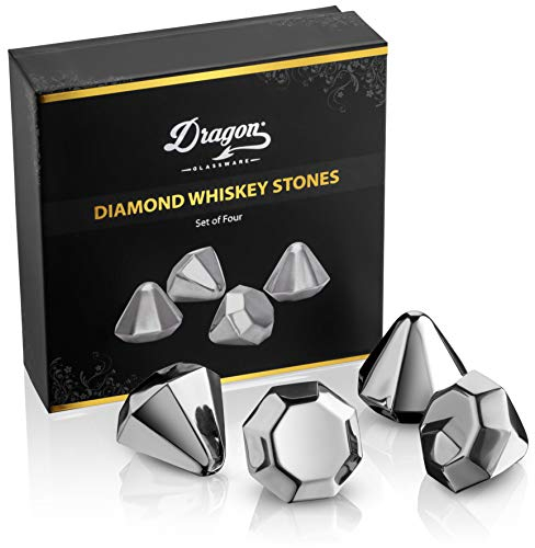 Dragon Glassware Diamond Whiskey Stones, Freezable Stainless Steel Ice Cubes for Colder Drinks, Gift Boxed - Set of 4
