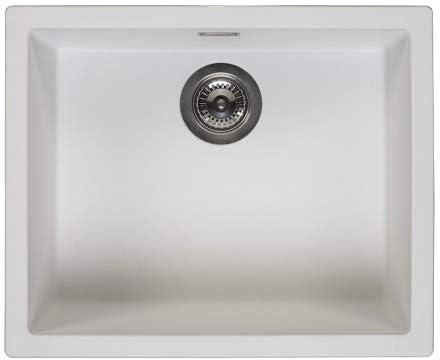 Reginox Amsterdam 50 PW Single Bowl Integrated Regi-Granite Metal Kitchen Sink, Heavy-Duty Inset and Undermount Sinks with Overflow Drainer, Waste Kit, Clips and Seals, Pure White