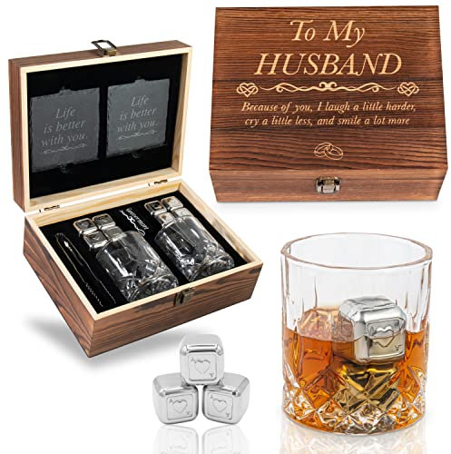 Anniversary For Him - Juego de regalo de vaso de whisky grabado con texto en inglés To My Husband | Regalo romántico para marido | Idea única para boda, cumpleaños o aniversario