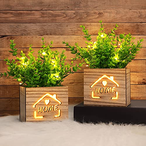 AceList 2 Stück Kunstpflanze mit LED-Lichtern in Kasten,11 x 9 x 26cm künstliche Pflanze kunstpflanzen im Topf für Home Office Schreibtisch Küchendekoration, Valentinstag/Muttertag