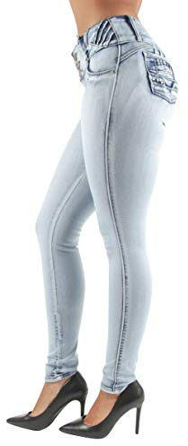Women's Juniors/Plus Size Colombian Design Butt Lift Push Up Mid Waist Skinny Jeans in Washed Light Blue Size 20