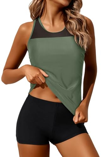 Yonique Tankini Swimsuits for Women with Shorts Athletic Two Piece Bathing Suits Racerback Tank Tops Swimwear Army Green M
