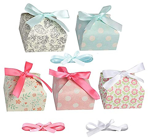 20 Stück Kleine Geschenkboxen mit Band, Candy Kleine Geschenkboxen, Geschenkbox Klein mit Bogen, Hochzeits Süßigkeiten Box, Papier Geschenkbox, für Party Hochzeit Weihnachten Halloween(5 Farben)