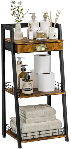 keomaisyto 3-Tier Bathroom Shelves with Canvas Drawer, Floor Bathroom Storage Shelf, Small Storage Stand Rack, Freestanding Ladder Shelf for Living Room Bedroom, Rustic Brown