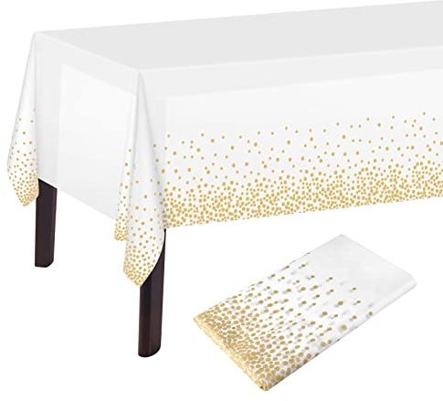 PLULON Mantel de Lunares Blancos y Dorados Cubierta de Mesa Blanca y Dorada 137 x 274 cm Cubierta de Mesa Rectangular de plástico para Decoraciones de Mesa de cumpleaños de Fiesta Blanca y Dorada