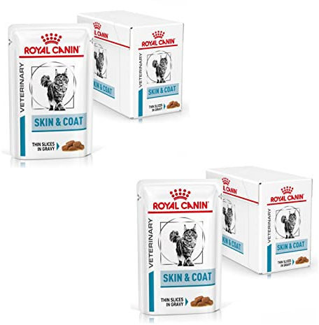 Royal Canin Veterinary Diet Feline Skin & Coat | Doppelpack | 2 x 12 x 85 g | Nassfutter für ausgewachsene Katzen | Feine Stückchen in Soße | Zur Unterstützung der Hautbarriere