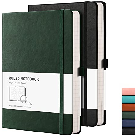 RETTACY Notizbuch A5 Hardcover, liniert, 2er Pack - Dickes Journal mit 376 nummerierten Seiten, 100g/m² Papier, 8 perforierten Blättern, Stiftschlaufe, Innentasche - Schwarz Grün