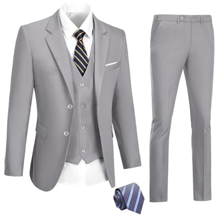 DOISPON Herren-Anzug, 3-teilig, 2 Knöpfe, schmale Passform, Smoking, Abschlussball, formelle Jacke, Blazer, Hose mit Krawatte, GRAU, L
