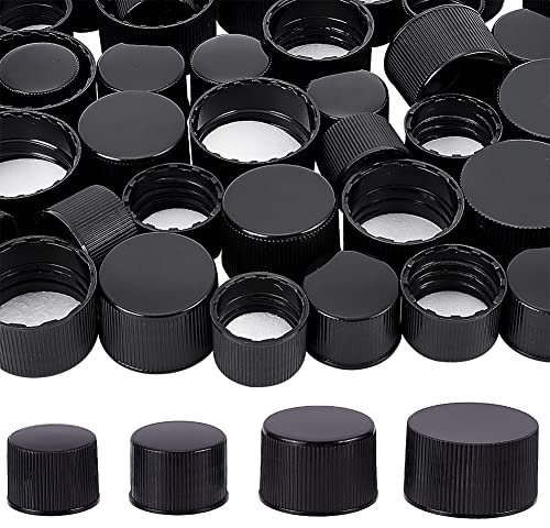 BENECREAT 56Pcs Black Plastic Screw Caps with Foam Liner, 4 Style 18mm/24mm/28mm Flat Round Bottle Jug Storage Cap Lids for Jars and Bottles with Threads