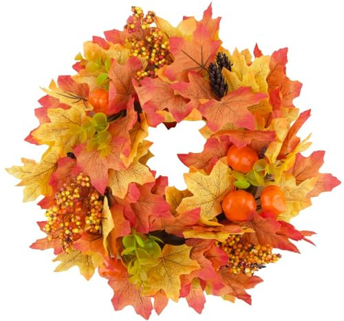 30cm Guirnalda Puerta Otoño para Halloween Otoño Guirnalda Hojas de Arce Calabaza Artificial Decoración Acción de Gracias Puerta Pared