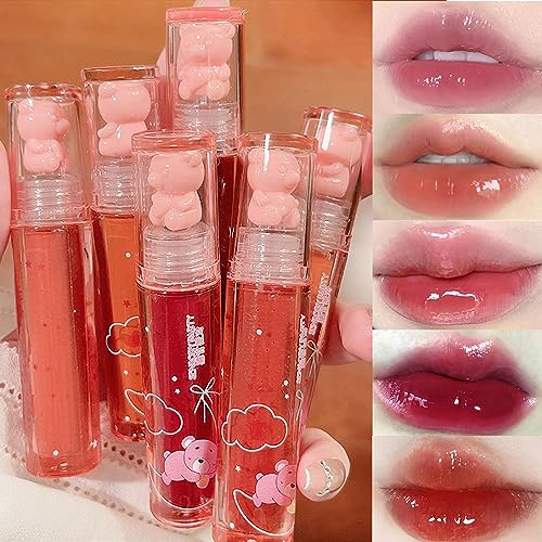 6Pcs Bear Lip Glaze Flüssig-Lippenstift Cute Bear Lipgloss Moisturizing Lip Stain Plumping Water Lip Gloss Waterproof Long Lasting Cheek Rouge Tint Cosmetics