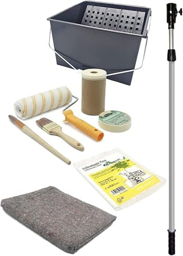 Kit especial pintar casas-Rodillo Antigota 22 cm -Cubeta con Rejilla 16l.- Alargo 1m. -2 Cintas 24mm-Papel + cinta 15cm x 24m -Fieltro 1x3m.-Cubretodo 4x5m-Paletina n24- Pincel Cabolata nº24-Taco lija