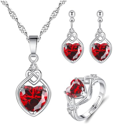 QKEPCY Herz Schmuckset Keltischer Knoten Halskette Ohrringe Ring Kristall Schmuck Damen Silber Ewigkeitsknoten Anhänger Zirkonia Juwelenkollektion