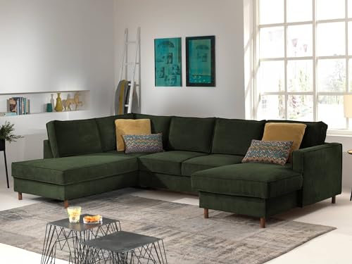 Jake - Wohnlandschaft - mit Schlaffunktion und Bettkasten - 7-Sitzer - aus Cord - Links Grün