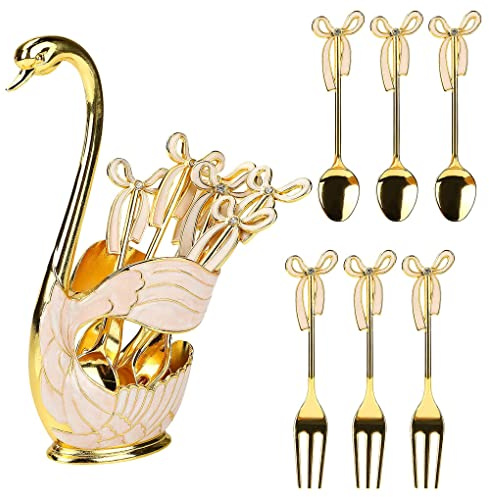 susiodeu Metal Dessert Pastry Spoons Forks Set Serving Flatware Teaspoons Christmas Wedding Decorative Dinnerware Gift Home, Gold
