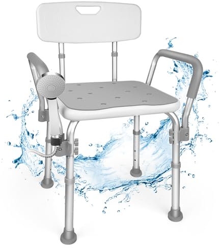 Silla de ducha 2024 con asas acolchadas y silla de ducha resistente, silla de ducha ajustable en 6 niveles de altura para ancianos y discapacitados, silla de ducha antideslizante para bañeras