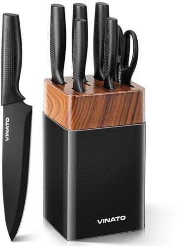 VINATO Set Coltelli da Cucina, Coltelli da Cucina da 7 Pezzi con Ceppo e Affilacoltelli Integrato, Ceppo di Coltelli con 5 Coltelli Diversi e 1 Paio di Forbici, Set di Coltelli Affilati, Nero