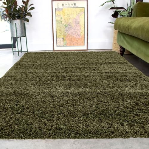 Super Soft Shaggy Olive Green Living Room Area Rugs Luxury High Pile Fluffy Modern Durable Thick Bedroom Rug Plush Carpet Shag Nursery Mat Comfort Hallway Rugs Large 200cm x 290cm