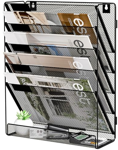 Solinxe Revistero Pared Metálico 6 Niveles - Organizador de Escritorio Documentos A4, Archivador Oficina con Bandeja, Porta Revistas y Carpetas Colgantes para Hogar/Escuela (Negro)