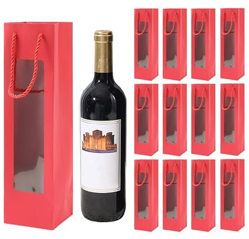 xocome Lot de 12 sacs à bouteilles de vin en papier kraft transparent avec poignée - Organisateur de vin kraft pour mariage, jour de Noël, fête