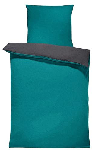 one-home Winter Bettwäsche Doubleface Uni Wende kuschelig flauschig warm weich Fleece, Größe:2 teilig 155x220 cm, Farbe:Petrol/anthrazit