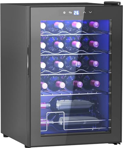HOMCOM Cantinetta Vino Refrigerata 20 Bottiglie 53L Cantina Vino Monotemperatura 5-18℃ Cantina Bar con Vetro Anti UV, Compressore, Ripiani Regolabile, Display Touch, Luci LED, Classe G, Nero