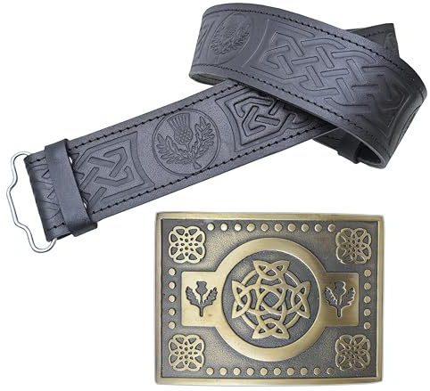 Leder-Kilt-Gürtel und Schnalle, geprägter Gürtel mit schottischer Distel und antiken keltischen Dreifaltigkeitsschnallen, handgefertigtes Zinn – Kilt-Gürtel für Herren, Distel Keltischer Knoten