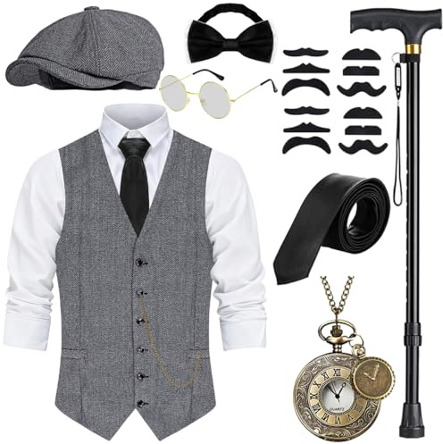 WILDPARTY Costume anni '20, gilet da uomo con accessori, pieghevole, stampella, orologio da tasca, baretto, occhiali, cravatta, papillon, per costume da mafia 1920S Gangster Peaky Blinders Carnevale