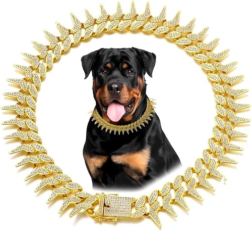 Gold Dog Chain Collar, Cool Spiked Style Necklace Bling Diamond Cuban Link Dog Collars Glitter Rhinestone Puppy Collar for XXS XS Small Medium Large Pet Dogs Cats (Gold, 18 Inches)