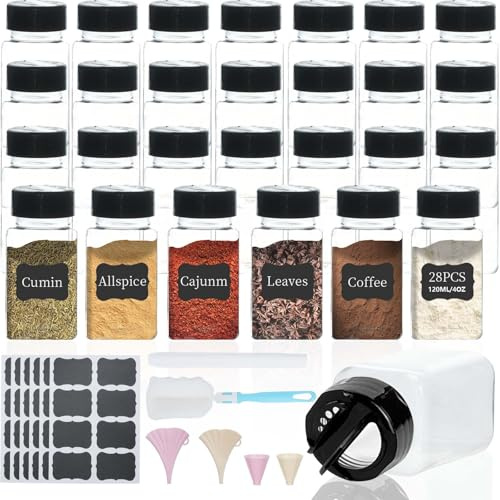 MOAMUN 28 PCS Dual-Opening Spice Shaker, 130ML/4.4OZ Plastic Empty Spice jars with Labels, Pen, Funnel and Brush, Clear Square Seasoning Jars Seasoning Bottles Pots for Spice Herbs Powders Storage