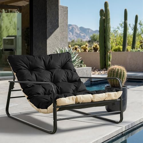 HomeMiYN Sessel wohnzimmer Gartenliege mit Wendekissen Garten Liegestuhl Balkon möbel aus Stahl gepolsterter Stuhl für 2 Personen Gartensessel outdoor Relaxliege Balkon Garten Terrasse (Schwarz+Beige)