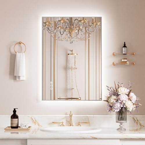 WEER Miroir LED Salle de Bain 50x70cm, Métal Argenté, 3 Couleurs, Antibuée | Dimmable, Antibuée Auto, Mémoire Des Réglages, IP44 étanche, Verre Trempé Anti-éclat, Métal Miroir Mural Éclairé, Couloir