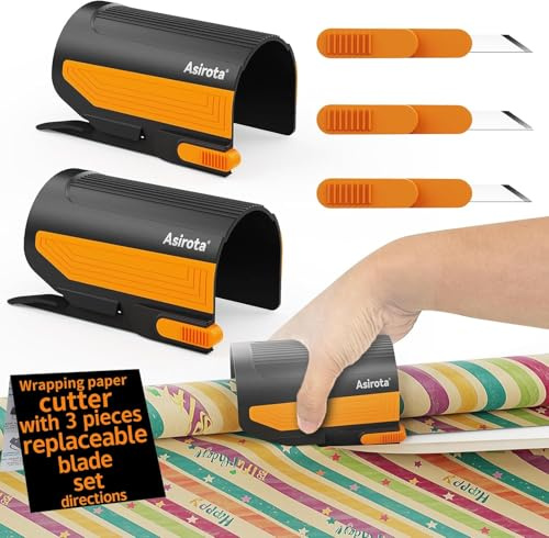 2 PC Wrapping Paper Cutter with 3 Replaced Blade, Adapt for Any Diameter Wrapping Paper Roll, Antislip Silicone Hold Touch Surface, Cut Efficient Straight Easily & Safely on Christmas