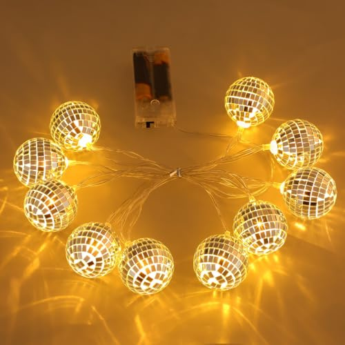 STOBAZA 10PCS LED Disco Ball String Lights, 1.8-Meter Warm Glow Silver Mirror Disco Light, Decorative Hanging String Lamp for Party Festival Wedding Christmas Tree Decor, Battery Operated