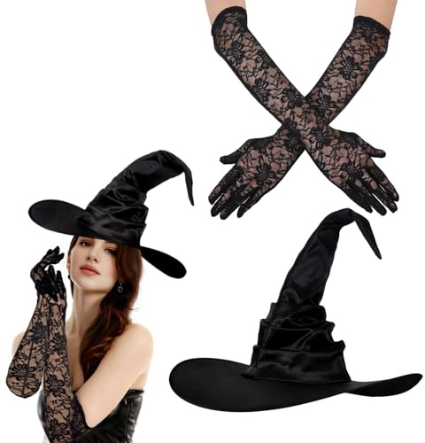 Halloween hexenhut damen set,halloween hexen zubehör ,enthält klappbarem black witch hat und spitzenhandschuhe schwarz lang,hexenhüte set für Karneval,HalloweenParty,Theater und Barveranstaltungen