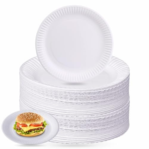 100x 9″-inch White Paper Plates Reusable Round Compostable Plates 170gsm Heavy Duty Disposable Plate BBQ Picnic Birthday Parties Biodegradable Waterproof Papers Plates 23 X 1cm (Pack of 100)