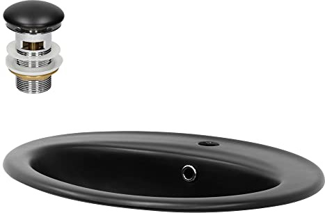 LuxeBath Waschbecken aus Keramik Schwarz matt 570x485x195 mm oval mit Ablaufgarnitur Schwarz, Einbauwaschbecken mit Überlauf, Aufsatzwaschbecken Einbauwaschtisch Waschschale Waschplatz Handwaschbecken