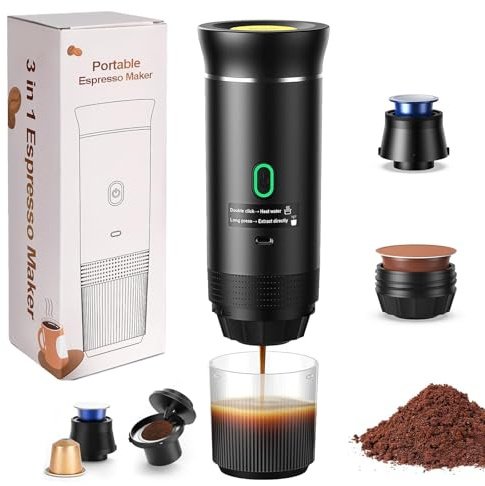 Portable Espresso Coffee Machine, Capsule Coffee Maker with Self-Heating 3 in 1 Camping Coffee Machines Compatible with Big/Small Capsule, Coffee Powder for Camping, Travel, Office & Home Use, Hiking