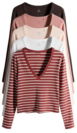 THE SET Mujeres Pack de 5 Camisetas de Manga Larga de canalé con Cuello de Pico Pink/Brown/Stripe M