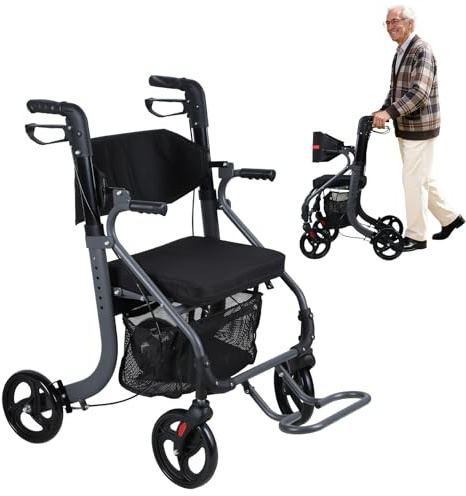 Rollator Walker with Seat and Brakes, Foldable Walking Frame with Bag, Adjustable Height Lightweight Mobility Walker, 8 Inch All Terrain Wheels Indoor Outdoor Use (Black)