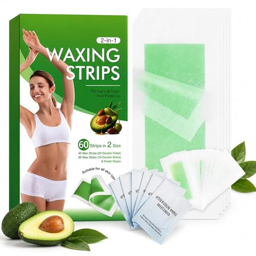 2-in-1 Face & Hair Removal Wax Strips Kit, 60 Count (40 Large 20 Small) with 6 Calming Wipes, Dual-Sided for Bikini Legs Arms Underarm Eyebrow, Travel Friendly for Women & Men (60 PCS)